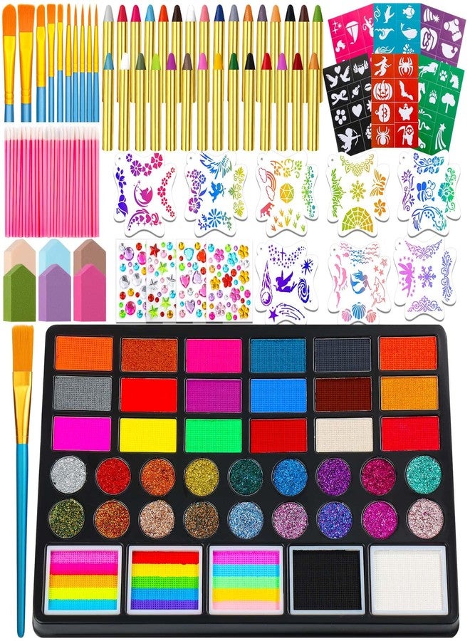 Thrilez مجموعة ألوان رسم الوجه بـ 41 لونًا للمبتدئين والكبار، لوحة ألوان غير سامة تُفعّل بالماء مع 28 قلم تلوين، استنسلات قابلة لإعادة الاستخدام، فرشاة، إسفنجة، أحجار كريمة - مثالية للهالوين، أعياد الميلاد، ومكياج الأزياء التنكرية - Image 1